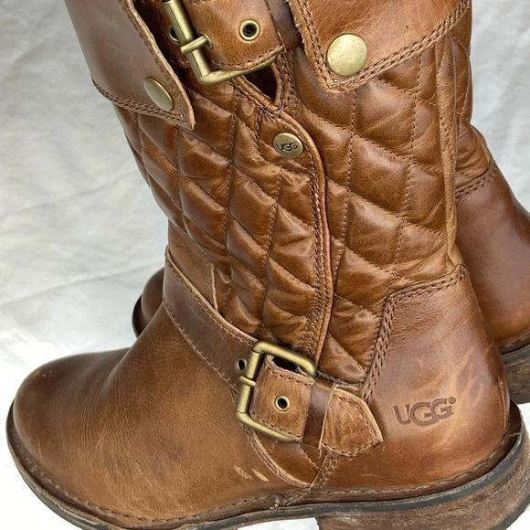 UGG biker boots in brown leather size 6 Moto style quilted leather gold hardware - Picture 6 of 11